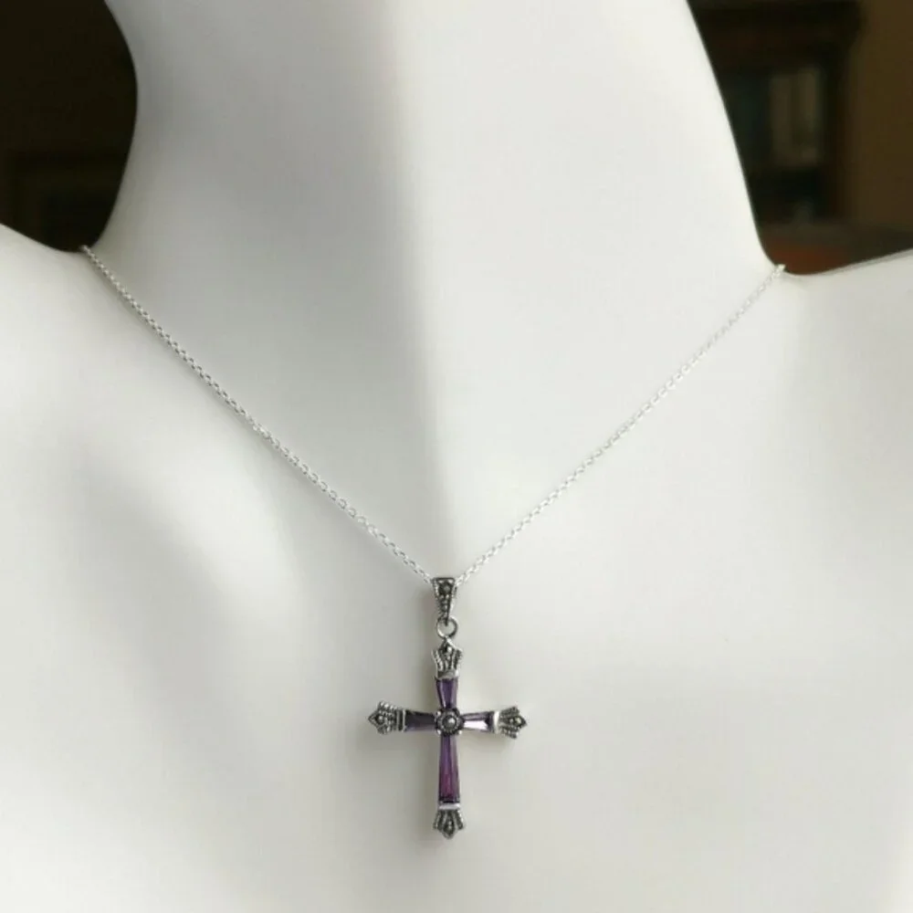 Amethyst Marcasite cross pendant necklace In Sterling Silver